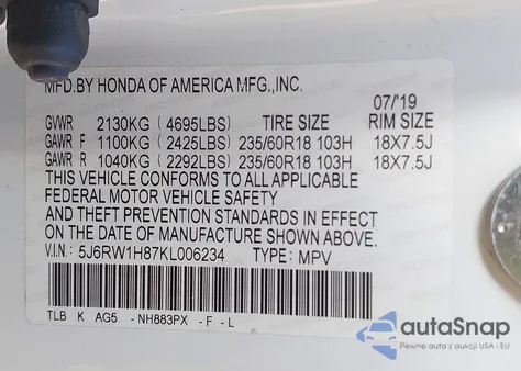 2019 Honda Cr-V Ex-L from USA, damaged, VIN 5J6RW1H87KL006234
